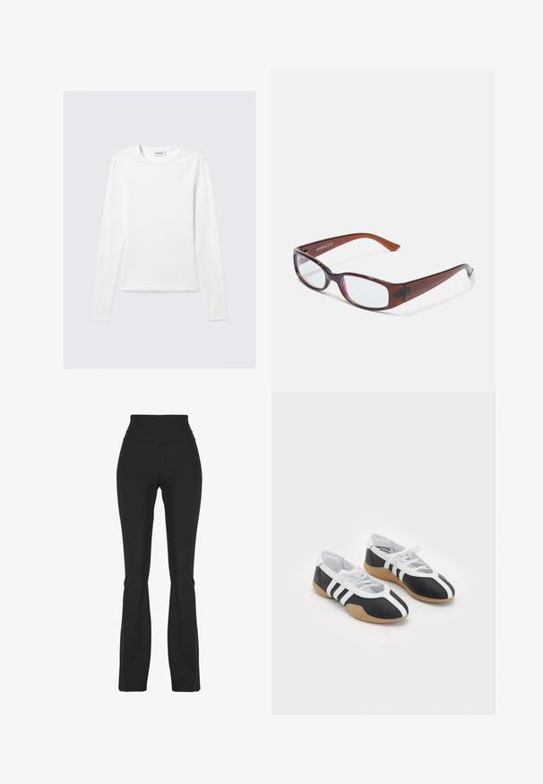 Langærmet, enkel hvid T-shirt med rund halsudskæring og tætsiddende pasform, vist mod en lysegrå baggrund.; Sorte flared leggings lavet af strækbart stof, med en høj talje og glat tekstur, designet til komfort og bevægelighed.; Sort-hvide sportsko med et slankt design, gummisål, snørebåndslukning og tre hvide striber på siden.; Brune-farvede rektangulære briller med en glat overflade, der har slanke arme og gennemsigtige linser. Logoet er synligt på venstre temple.