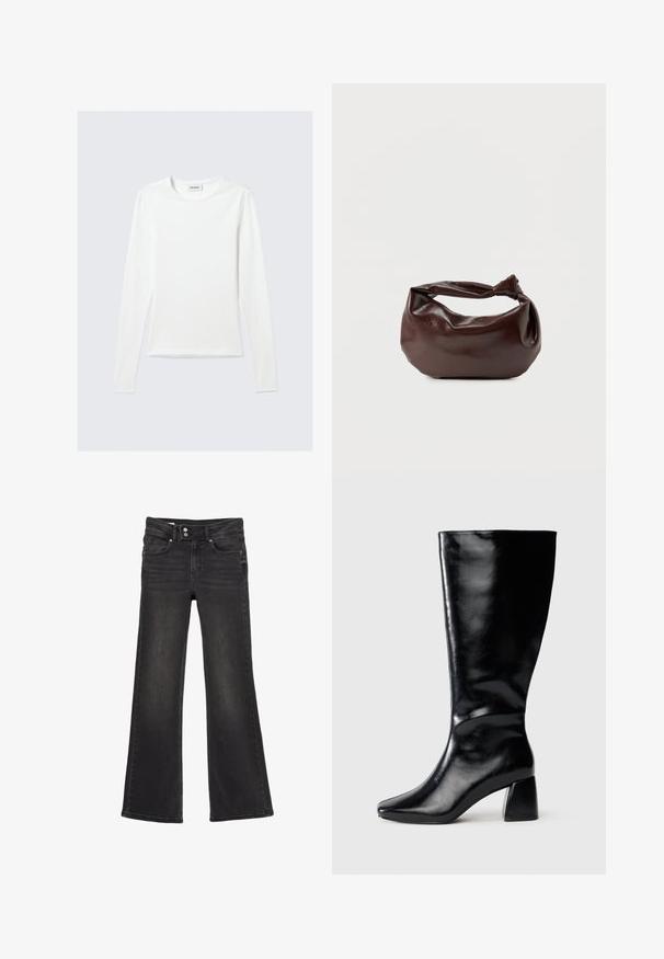 T-shirt blanc uni à manches longues avec col rond et coupe slim, présenté sur un fond gris clair.; Jean noir taille haute évasé avec fermeture double bouton et poches avant, montrant un subtil effet délavé sur les cuisses.; Botte en cuir noire hauteur genou avec un talon carré et une pointe légèrement pointue, présentée de côté sur un fond neutre.; Sac bandoulière en cuir marron foncé avec une forme souple et décontractée et une anse nouée torsadée sur un fond blanc uni.
