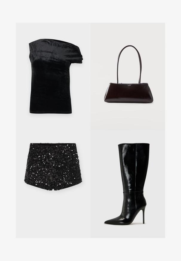 Haut en velours noir à une épaule avec une manche courte sur le côté droit et une silhouette ajustée.; Shorts noirs ornés de sequins avec une taille ajustée, présentant une texture lisse et une surface scintillante et réfléchissante grâce aux sequins.; Bottes noires en cuir, hautes jusqu'au genou, avec un bout pointu et un talon aiguille haut. Texture lisse et design épuré, avec un minimum de détails.; Sac à main rectangulaire noir en cuir avec de longues lanières fines et un petit logo "ALDO" au centre de l'avant.