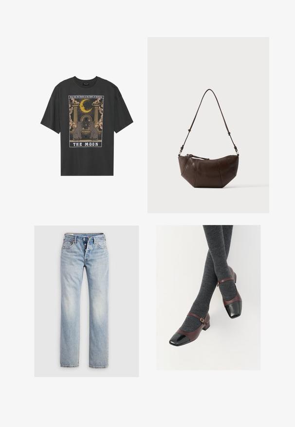 Mørkegrå oversized t-shirt med grafisk print, der indeholder en halvmåne, søjler og to katte. Teksten nedenfor lyder "MÅNEN."; Lysblå denim jeans med lige ben, fem-knap lukning og baglommer med diskret stikning.; Burgunderrøde læder Mary Jane-sko med en sort laktoej og tynd ankelrem; båret med mørkegrå ribbede strømper. Lav blokhæl.; Brun læder skuldertaske med buet bund og justerbar rem mod en ensfarvet lys baggrund.
