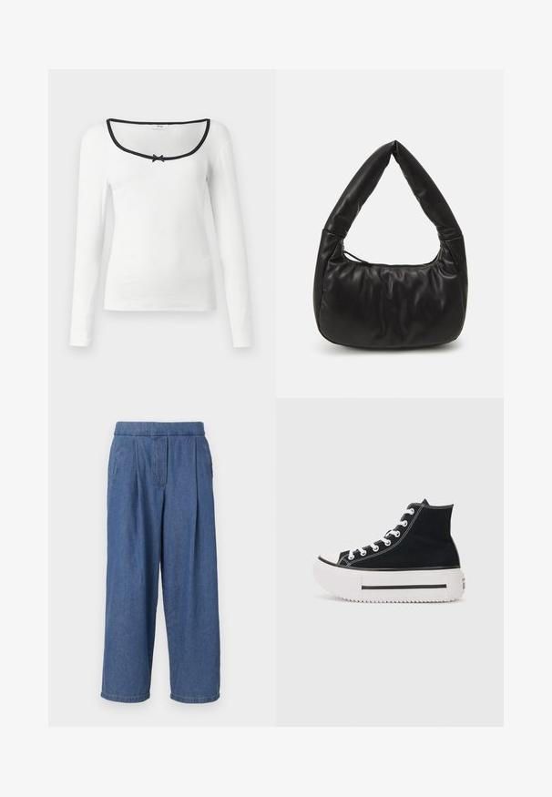 Langärmliges weißes Hemd mit quadratischem Ausschnitt, schwarzem Besatz und einem kleinen schwarzen Schleifendetail in der Mitte. Strukturierter, gerippter Stoff.; Blaue Jeans in weitem Schnitt mit entspanntem Sitz, ohne Knopfverschluss an der Taille, mit Falten auf der Vorderseite und zwei Seitentaschen.; Schwarze High-Top-Sneaker aus Canvas, mit weißen Nähten, Gummikappe, dicker weißer Plateausohle und schwarzen Streifen-Details.; Schwarze Leder-Schultertasche mit lässigem Design, ausgestattet mit einem markanten, geknoteten Griff und einem Reißverschlussverschluss. Sanfte Textur über die gesamte Fläche.