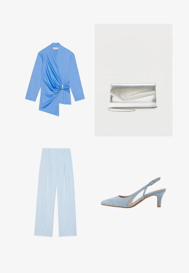 Top envuelto azul hecho de una tela suave, con mangas largas, un detalle de nudo retorcido en la cintura y un dobladillo asimétrico con un acento metálico.; Pantalones de tiro ancho en azul claro con dos pliegues delanteros, dos botones en la cintura y una textura de tela suave.; Tacón slingback de ante azul claro, puntera puntiaguda, correa ajustable en el tobillo con hebilla de metal, plantilla beige natural y tacón bajo.; Bolso clutch plateado brillante con solapa de estilo sobre y adorno decorativo, pequeña correa de cadena plateada, sobre fondo liso claro.
