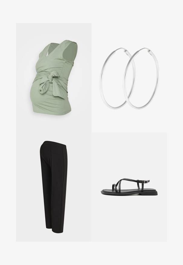 Anna Field MAMA Débardeur - light green; Pantalon noir à jambe droite présenté de dos sur un mannequin, avec une taille haute et un design simple et sans ornement.; Sandales plates noires avec de fines brides réglables, un entre-doigt rectangulaire et une finition mate texturée. Elles présentent un talon bas légèrement carré.; Boucles d'oreilles en argent, de forme ronde lisse et finition polie. Les deux boucles d'oreilles sont de la même taille et disposent d'un mécanisme de fermeture sécurisé.