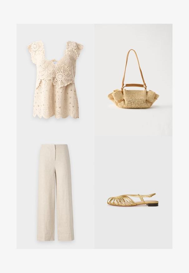 Top de ganchillo beige con dobladillo en pico, patrones florales y mangas cortas con volantes. Presenta un intrincado detalle de encaje en toda la tela.; Pantalones de lino beige de pierna ancha con cintura alta y cremallera oculta en la parte posterior. Textura suave y tejido transpirable.; Sandalia plana metálica dorada con diseño de punta abierta, que presenta tiras entrecruzadas y un tacón bajo. Textura suave y acentos minimalistas.; Bolso tejido beige con una correa larga y delgada y lados fruncidos, con un asa corta envuelta en cuero para opciones de transporte.