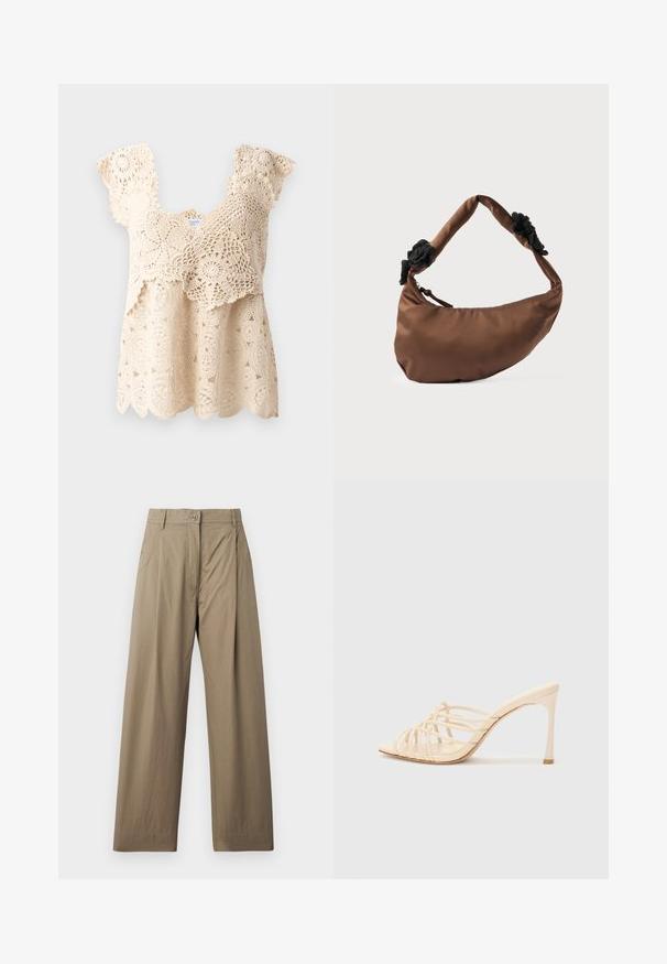 Top de ganchillo beige con dobladillo en pico, patrones florales y mangas cortas con volantes. Presenta un intrincado detalle de encaje en toda la tela.; Pantalones de pierna ancha en caqui, confeccionados con una mezcla de algodón, que cuentan con cierre de botón, bolsillos laterales y una textura suave con un ligero brillo.; Mules de tacón alto en beige con un diseño de tiras. Presentan una punta cuadrada, una textura suave y un tacón delgado con un acento dorado en la base.; Bolso marrón en forma de media luna con asa acolchada que presenta detalles en tela negra texturizada en cada lado y cierre de cremallera.