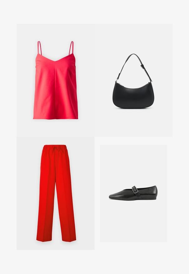 Rød camisole top med tynde stropper, V-udskæring, blødt stof, loose fit og rene linjer. Egnet til lag-på-lag eller varmt vejr.; Røde bukser med vid bendesign, lavet af glat stof. Har en elastisk talje og snøre detaljer for justerbar pasform.; Sorte læder flade sko med spidse tæer, prydet med en metallisk spænde over vristen og en lav, fleksibel sål.; Pieces PCALUANA SHOULDER BAG - Håndtasker - black