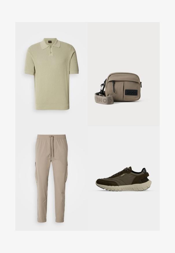 Polo de color verde claro, de canalé, con manga corta, que presenta una tapeta de botones y un cuello plano. Textura de punto suave con un ajuste ceñido.; Pantalones cargo beige con cintura elástica y cordón. Presenta bolsillos laterales y un diseño de pierna ajustada, fabricados en tela ligera.; Zapatilla deportiva verde oscuro y marrón con suela blanca gruesa y parche negro en el talón, con el logo "BOSS" en el lateral.; Bolso cruzado de nailon caqui con dos bolsillos frontales con cremallera, correa ajustable y un parche negro con el logo en la parte frontal. Textura suave.