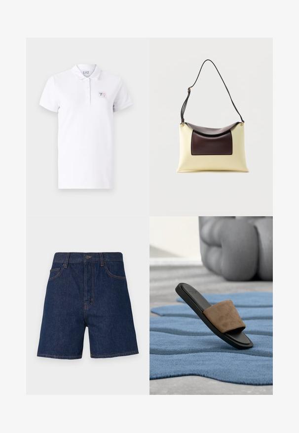 Hvid polo t-shirt lavet af bomuld med en to-knaps placket. Har et lille trykt logo patch på venstre bryst og korte ærmer.; Mørkeblå denimshorts med et klassisk fem-lomme-design, synlig orange syning og en knaplukning i taljen.; Sort sandal med brun ruskind rem hvilende på en struktureret blå måtte med en stor glat grå afrundet genstand i baggrunden.; Skuldertaske i cremefarvet og mørkebrun læder med buet klap og justerbar sort rem mod hvid baggrund.