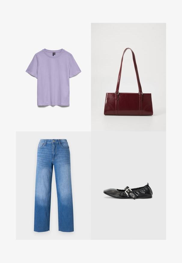 Enkelt lyse lilla T-shirt med korte ærmer og rund hals, vist på en hvid baggrund.; Lyseblå denimjeans med vid benåbning, der har fem lommestile, lynlås i gylpen og diskret falmning på lårene. Rene kantfinish.; Sorte læder flade sko med spids tå, samling detaljer omkring åbningen, og en sølv spænde accent på den justerbare rem.; Bordeaux håndtaske lavet af glansfuldt materiale, rektangulær form, med to skulderremme og subtile buede detaljer på forsiden.