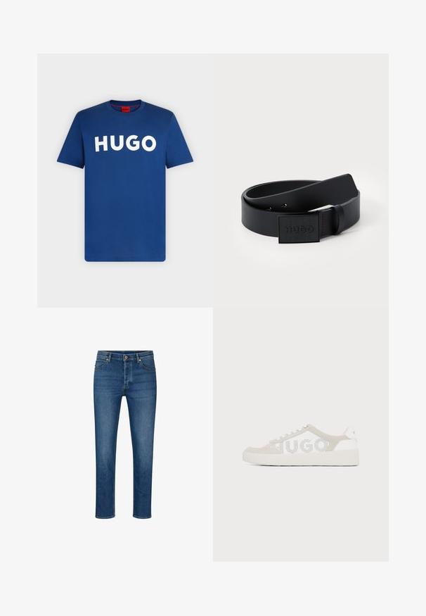 Blå kortærmet t-shirt med rund halsudskæring og stort hvidt "HUGO"-tekst på brystet samt en rød indvendig nakkemærkat.; Blå denimjeans med lige pasform, der har fem lommer, bæltestropper og knaplukning. Lys whiskering og kontraststing.; Hvid lavt sneakers med beige ruskind accenter og perforeret "HUGO" logo på siden, på en simpel lys baggrund.; Sort syntetisk bælte med en glat overflade, udstyret med en rektangulær sort spænde præget med "HUGO" og rød stikning som accent.