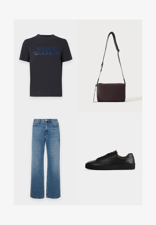 Sort T-shirt med korte ærmer, med "ARMANI EXCHANGE" trykt i blåt centreret på brystet.; Bredde ben blå jeans lavet af denim med en falmet finish. Har fem lommer, en frontknaplukning og en lige pasform.; Sort lavtopet læder-sneaker med sorte snørebånd, tekstureret gummisål og lille præget logo på siden, vist i profil mod grå baggrund.; Mørkebrun textured læder crossbody taske med justerbar rem og lille dekorativ blå accent på siden.