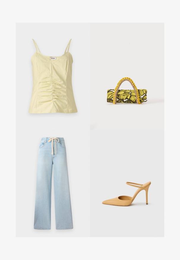 Lys gul ærmeløs top med justerbare stropper og samlede detaljer foran. Lavet af et tekstureret stof med V-udskæring.; Lyseblå vidde jeans lavet af denim, med snøre i taljen og klassisk fem-lomme design med minimal falming.; Beige spidse stilettohæle med en tynd ankelrem på en hvid baggrund.; Rektangulær taske med gult og sort blomsterprint og flettet gul og pink hank på hvid baggrund.