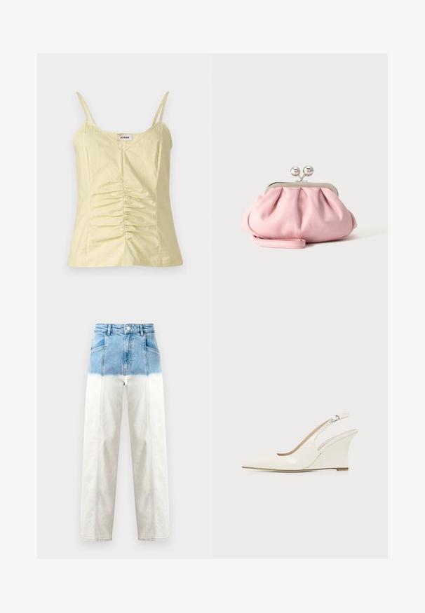 Lichtgele mouwloze top met verstelbare bandjes en geplooide details aan de voorkant. Gemaakt van een gestructureerde stof, met een V-hals.; Denim jeans hebben een blauwe bovenkant die vervaagt naar wit. Hoge taille, rechte pijpen en zichtbare stiksels.; Witte lakleren slingback sleehakschoen met puntige neus en verstelbare gesp op effen achtergrond.; Kleine zachte roze clutch met zilverkleurig metalen frame en ronde sluiting, liggend op een vlakke lichte ondergrond met polsriem vooraan gevouwen.