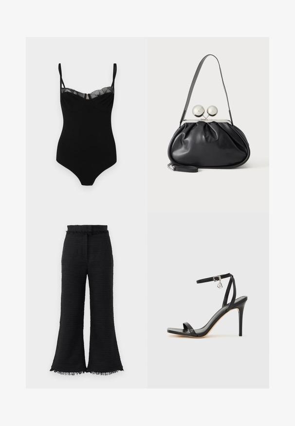 Sort bodysuit med justerbare stropper, med en blondedetalje langs udskæringen, sømløs struktur og tætsiddende pasform.; Sorte vide benbukser i tekstureret stof, med frynset kant og elastisk talje. Designet har en glat overflade og en afslappet pasform.; Sort hæl-sandal med smal ankrem, firkantet tå-boks, glat lædermateriale og metalspænde som pynt.; Sort læderhåndtaske med opsamlet design, en enkelt rem, sølv metalramme og to store runde sølv lukninger.