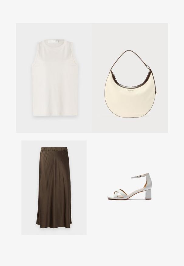 Haut sans manches blanc en tissu doux et lisse. Il présente un col rond et un design simple sans embellissements ni motifs.; Jupe midi en satin marron avec une taille élastique, texture lisse et fentes latérales pour le mouvement. Silhouette A-line classique.; Sandales blanches en cuir avec un talon carré et une bride à la cheville ; elles présentent des bandes croisées à l'avant et un design lisse et épuré.; Sac d'épaule en forme de croissant de couleur crème avec une bordure marron foncé, une seule sangle et le logo "LeGer" au centre devant.