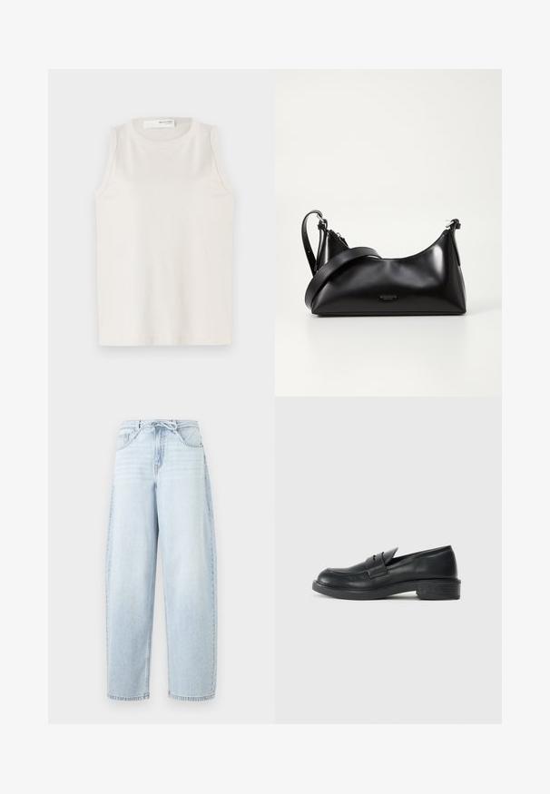Hvid ærmeløs top lavet af blødt, glat stof. Har en rund halsudskæring og et enkelt design uden udsmykning eller mønstre.; Lyseblå vidde-benet denimjeans med høj talje og bånd til at binde foran, vist mod en hvid baggrund.; Sorte læder loafers med rund tå, stikninger og en lille hæl. Glat tekstur og en fleksibel gummisål.; Sort læderhåndtaske med en glat tekstur. Har en justerbar stropp og et enkelt, minimalistisk design med lynlås.