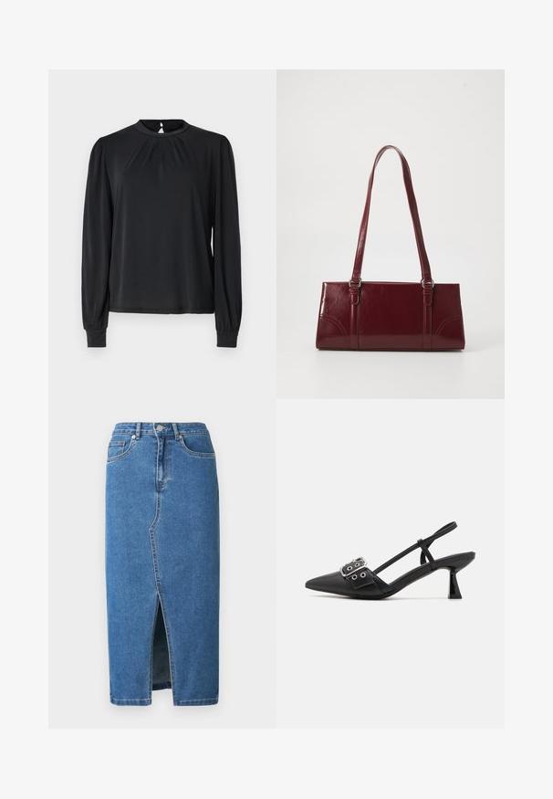 Zwarte blouse met lange mouwen en hoge hals, met een geplooid voorkantdetail en elastische manchetten. Gladde stof met een subtiele glans.; Denim midi-rok in blauw. Voorzien van een voorsplit, een hoge tailleband en een ontwerp met vijf zakken. Klassieke stiksels en metalen hardware accenten.; Simmi London DALA - Klassieke pumps - black; Bourgondische handtas van glanzend materiaal, rechthoekige vorm, met twee schouderbanden en subtiele gebogen accenten aan de voorkant.