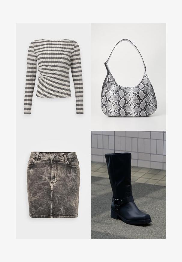 Langarmoberteil mit horizontalem Streifenmuster in Schwarz und Weiß, aus strukturiertem Stoff und mit Raffung an der Seite.; Schwarzer Denim-Minirock mit verblasstem Sternmuster. Mit hoher Taille, fünf Taschen und kontrastierenden Nähten. Klassischer Knopfverschluss.; Schwarzer Lederstiefel bis zur Mitte der Wade mit niedrigem Blockabsatz und dekorativem Riemen mit Metallschnalle um den Knöchel, auf einem gefliesten Gehweg.; Schultertasche im schwarz-weißen Schlangenprint mit runder Form, glatter Textur und gebogenem Tragegurt. Mit einem silbernen Hardware-Akzent.