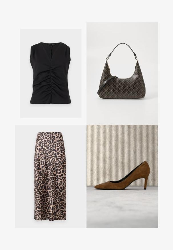 Sort ærmeløs top med V-hals og rynket frontdetalje, lavet af glat stof, mærket Anna Field.; Leopardprint satin nederdel med høj talje, knælang silhuet, blank tekstur og en flydende design.; Brun ruskind højhælet sko balanceret på spidsen på en poleret gulv ved siden af en metal filholder med hvide mapper.; Sort læder skuldertaske med et gentagne beige geometrisk mønster, guld lynlås og to justerbare remme på en hvid baggrund.