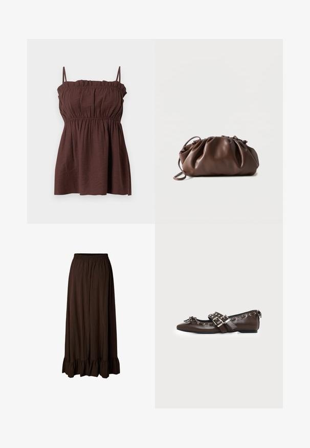 Haut marron sans manches avec fines bretelles, encolure et taille froncées, coupe ample et fluide.; Jupe longue marron foncé avec taille élastique et ourlet à volants, en tissu léger légèrement texturé.; Chaussure plate en cuir marron foncé avec bout pointu, doubles brides à boucles argentées, œillets métalliques et nœud décoratif à l'avant.; Sacoche en cuir marron doux avec un haut froncé et une fine bandoulière, posée sur un fond blanc.