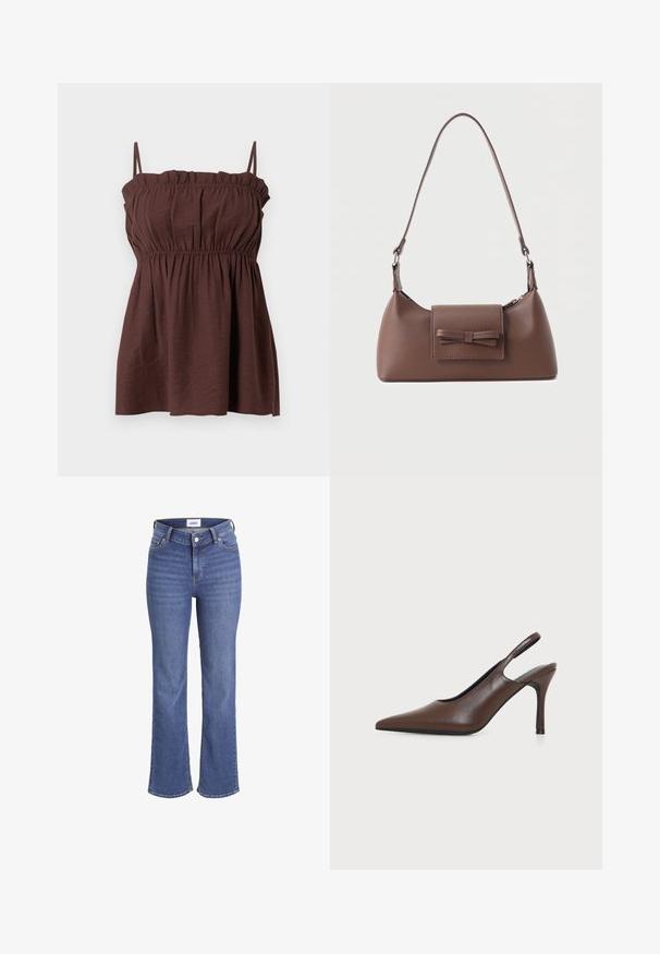 Brun ærmeløs top med tynde stropper, rynket halsudskæring og talje samt en løs, flydende pasform.; Mørkeblå jeans i denim med høj talje, brede ben og et traditionelt fem-lomme design. Har synlig syning og lukning med en frontknap.; Brun læder slingback højhælet sko med spids tå og tynd stilet hæl på ensfarvet lyst baggrund.; Brun skuldertaske i læder med en frontlomme med klap, der har en sydd sløjfedetalje, og en justerbar rem.