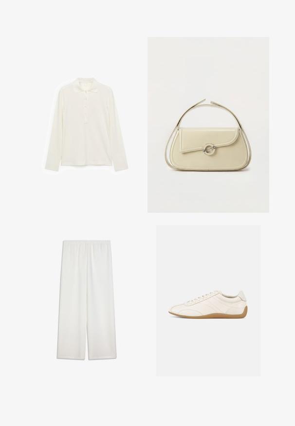 Polo-shirt blanc à manches longues en tricot côtelé avec un col et cinq boutons à l'avant, posé à plat sur un fond blanc.; Pantalon blanc à jambes larges avec taille élastique. Tissu lisse et léger ; coupe longue et droite. Aucun motif ni accent visible.; Baskets en cuir blanc à texture lisse, bout arrondi et coutures ton sur ton. Elles comportent une semelle en caoutchouc beige et une fermeture à lacets.; Sac à main en cuir crème avec rabat incurvé, fermoir circulaire en argent et poignée courte sur le dessus, sur fond blanc uni.
