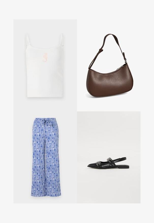 Hvid ribbet tanktop med tynde stropper, med et lille pink søhestedesign i midten. Glat tekstur, afslappet pasform.; Blå mønstrede brede bukser med snøre i livet, lavet af letvægtsstof med hvide abstrakte linjemønstre.; Even&Odd by Zalando Slingback-ballerinasko - black; Lille brun skuldertaske i læder med justerbar rem og lynlåslukning, vist mod hvid baggrund. Ingen synligt branding eller dekorationer.