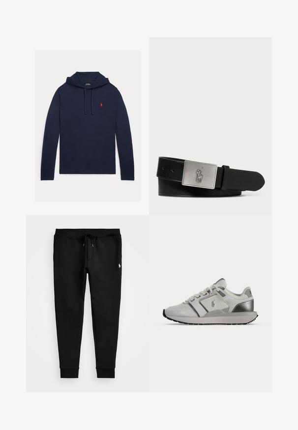 Marineblauwe hoodie met lange mouwen, verstelbare trekkoorden en een klein rood geborduurd Polo Ralph Lauren-logo op de linkerbovenkant van de borst.; Zwarte sweatpants van zacht materiaal, met een trekkoord in de taille, aangesloten boorden en een klein wit logo op het linkerpoot.; Witte en grijze lage sneaker met mesh- en lederen panelen, zwart logo aan de zijkant, grijze zool en zwarte rubberen loopzool.; Zwarte leren riem met een rechthoekige zilverkleurige metalen gesp met een reliëf van een ruiterlogo, een gladde textuur en vijf riemgaten.