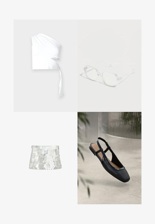 Haut blanc à une épaule en tissu lisse, présentant un design enveloppant avec un lien sur le côté et une coupe asymétrique.; Pochette blanche couverte de grands sequins brillants et superposés, forme rectangulaire avec un bord supérieur légèrement courbé.; Chaussure plate slingback en cuir noir avec un orteil carré, dotée d'un fini verni brillant et de sangles ajustables pour un maintien sécurisé.; Lunettes rectangulaires transparentes avec montures et branches claires, placées sur une surface blanche avec des ombres douces.