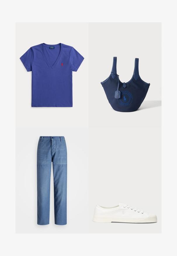 Modré tričko s krátkym rukávom a výstrihom do V s malým červeným vyšitým logom na ľavej strane hrudníka a štítkom Polo Ralph Lauren vo vnútri goliera.; Svetlomodré džínsy s rovnými nohavicami, obsahujúce dve predné vrecká a zapínanie na gombík v oblasti pása. Hladká textúra.; Biele plátěné tenisky s okrúhlou špičkou, viazaním na šnúrky a diskrétnym logom. Majú štruktúrovanú textíliu a gumovú podrážku.; Námornícka modrá plátenná taška s koženými rukoväťami a nášivkou s logom Polo Ralph Lauren New York v strede.