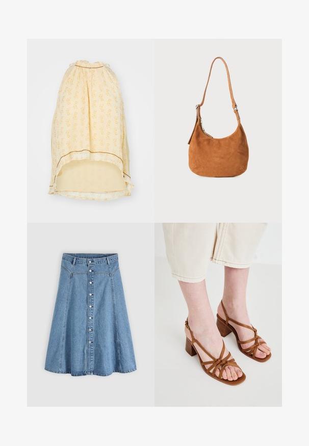Gul ærmeløs top med et blomstermønster, samlet halsudskæring og en dekorativ guldaccent. Let stof med et svævende design.; Lyseblåt denim A-formet nederdel med hvide knapper foran og bæltestropper, vist mod en ensfarvet grå baggrund.; Brune sandaler med høje hæle og stropper, der har en kraftig hæl. De har knyttede stropper og et åbent tådesign. Tekstureret sål og justerbar ankelstrop.; Tan ruskinds skuldertaske med buet design, justerbar rem, metallynlås og præget logo-detail på forsiden.