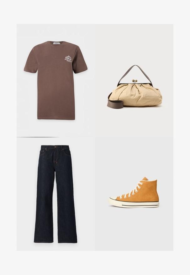 Brun kortærmet T-shirt med rund hals og lille hvid Replay-logo og tekst på venstre brystområde.; Mørkeblå vidde jeans lavet af denim, med orange syninger, to frontlommer og en knaplukning i taljen.; Høje sneakers lavet af orange ruskind med hvide snørebånd, en gummitåhætte og en sort accentstribe langs sålen.; Beige stofpose med et samlet design, brunt læderhåndtag og to runde metal-lukninger øverst. Justerbar brun rem medfølger.