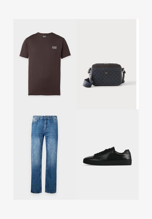Mørkebrun T-shirt med korte ærmer og rund halsudskæring med lille hvid EA7 Emporio Armani-logo på venstre bryst.; Blå denim jeans med lige fit, der har fem lommer, bæltestropper og subtilt slid på stoffet.; Sort lavtop lædersneaker med sorte snørebånd og en tyk sort sål, vist fra siden på en lysegrå baggrund.; Rektangulær mørkeblå crossbody-taske med justerbar rem, lynlåslukning og diskret logomønster på frontpanelet.
