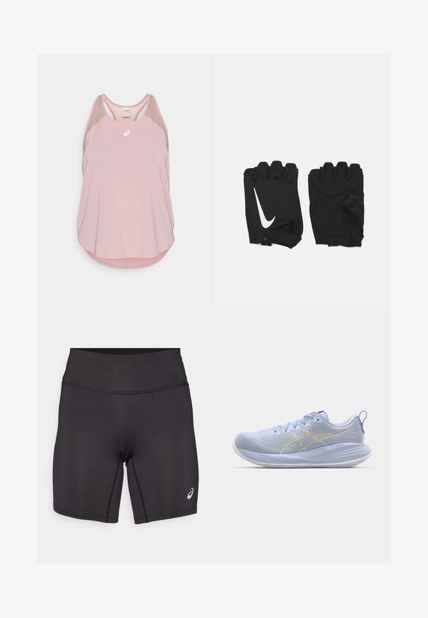 Lyserød atletisk tanktop med mesh-detaljer, der har en rundet kant og en lille hvid logo foran. Letvægtsstof.; Sorte atletiske shorts med en glat tekstur, tætsiddende design og høj talje. Har kontrasterende syninger og et lille logo på underbenet.; Lyseblå atletiksko med en struktureret overdel, hvid sål og guld accentstriber. Funktionen inkluderer snørebånd og en bagbom.; Sorte fingerløse træningshandsker lavet af åndbart stof, med et hvidt Nike-logo, polstrede håndflader og et åbent håndledsdesign for fleksibilitet.