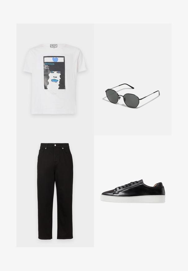 Weißes Baumwoll-T-Shirt mit einem grafischen Druck eines Gesichts mit schwarzen lockigen Haaren, blauen Lippen und einem blauen Herzen, einschließlich Textelementen.; Schwarze Denim-Hosen mit geradem Bein, hohem Bund, vorderen Taschen und silbernem Zubehör am Bund.; Schwarze Leder-Sneaker mit glatter Oberfläche, ausgestattet mit einer weißen Gummisohle, Schnürverschluss und minimalistischen Designelementen.; Giorgio Armani Sonnenbrille - black