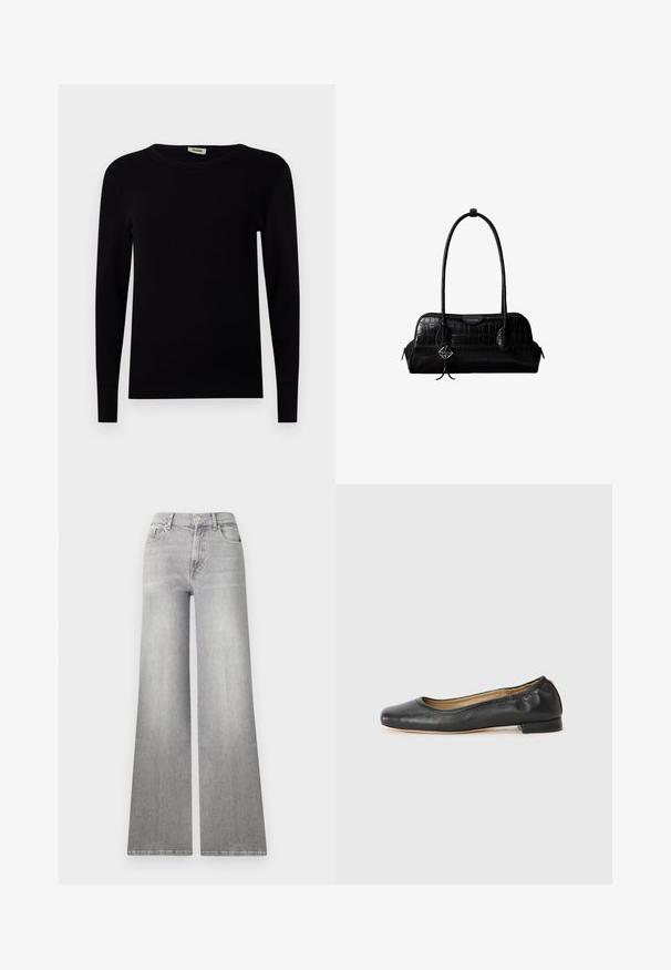 Schwarzer langärmeliger Rundhalspullover aus geripptem Stoff. Mit enganliegenden Ärmeln und glatter Textur. Einfache, minimalistische Gestaltung.; Weite graue Denim-Jeans mit einem verwaschenen Finish, Vordertasche und Knopfverschluss. Sie verfügen über ein gerades Bein und einen klassischen Saum.; Schwarz Leder Ballerinas mit runder Zehenpartie und minimaler Naht. Niedriger, rechteckiger Absatz und glatte Textur. Dezente Innenfutterdetails.; Schwarze Umhängetasche aus krokodilstrukturiertem Leder mit langen Riemen und einem kleinen silbernen Logocharm an einem Riemen.