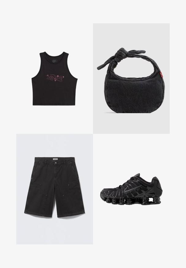 Sort croppet tanktop lavet af bomuld med et pink grafisk logo med stjerne-accenter foran. Glat tekstur, ærmeløs design.; Sorte knælange shorts med store frontlommer med lap, lukning med metalknap, bæltestropper og sidelommer, lagt fladt på en lys baggrund.; Sort atletisk sko med mesh-overdel og glatte overlays. Har buet spiralbøsningsdæmpning og strukturerede linjer på siden. Nike-logoet er synligt.; Lille sort denim skuldertaske med knyttet rem og lynlåslukning, med en rød Levi's stofetiket på siden.