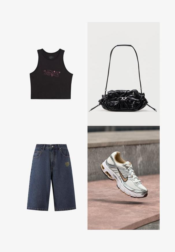 Top corto negro de algodón con un logo gráfico rosa y detalles de estrellas en el frente. Textura suave y diseño sin mangas.; Shorts de mezclilla en azul oscuro, con un corte holgado, cinco bolsillos, texto bordado en dorado en la parte frontal y costuras en contraste a lo largo de las costuras.; Zapatilla de correr Nike blanca y plateada con el logo Swoosh beige, mostrada en el aire sobre una superficie de piedra con un fondo difuminado de pared gris.; Bolso de mano de cuero negro con diseño fruncido y detalle de lazo en la parte frontal. Cuenta con un asa corta y detalles metálicos en color plata.