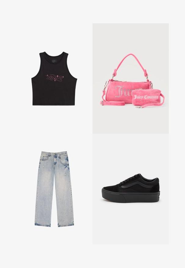 Zwart cropped tanktop van katoen, met een roze grafisch logo met steraccenten aan de voorkant. Gladde textuur, mouwloos ontwerp.; Lichtblauwe spijkerbroek met een recht model, voorzien van versleten accenten, vijf zakken en zichtbare stikseldetails.; Zwarte sneaker gemaakt van suede en canvas, met een ronde neus, vlakke vetersluiting en een dikke rubberen zool met subtiele branding.; Twee roze Juicy Couture-tassen, één grotere met kristallen letters en een handvat, één kleinere met witte letters en een polsriempje, op een grijze achtergrond.