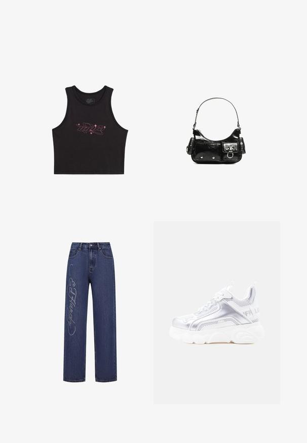 Schwarzes, kurz geschnittenes Tanktop aus Baumwolle, vorne mit einem pinkfarbenen Grafiklogo und Sternakzenten. Glatte Textur, ärmelloses Design.; Dunkelblaue Denim-Jeans mit lockerem Schnitt, verziert mit silbernen Strasssteinen, die den Text "Ed Hardy" entlang des linken Beins bilden.; Weißer und silberner klobiger Sneaker mit dicker, strukturierter Sohle, Mesh- und synthetischen Einsätzen, abgerundetem Zehenbereich und Zuglasche an der Ferse.; Schwarze Lackleder-Handtasche mit geschwungenem Design, einem Schulterriemen, Vordertaschen und silberfarbenen Hardware-Akzenten.