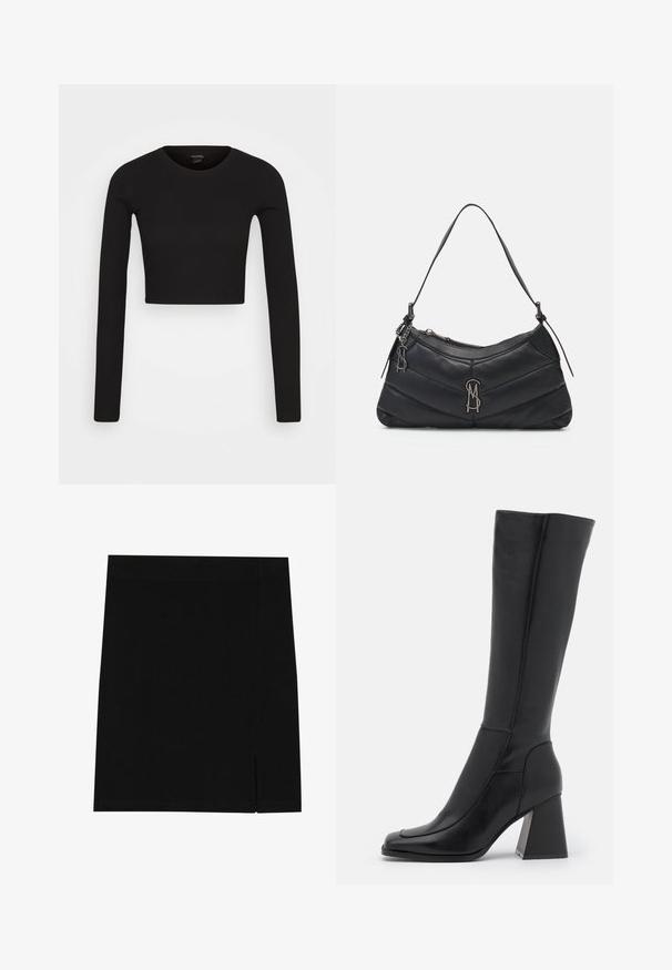 Monki Μπλούζα με μακριά μανίκια - black dark; Μαύρη μίνι φούστα φτιαγμένη από μαλακό ύφασμα με εφαρμοστή γραμμή, διαθέτοντας μια ελαφριά σχισμή στο πλάι για πρόσθετη λεπτομέρεια.; Μαύρη δερμάτινη μπότες μέχρι το γόνατο με τετράγωνη μύτη, λείες υφές, κομψό σχέδιο και χοντρό τακούνι. Διαθέτει λεπτομέρειες ραφής.; Μαύρη δερμάτινη τσάντα ώμου με κατασκευή καπιτονέ, ασημί αξεσουάρ, και καμπύλη φερμουάρ κλεισίματος. Διαθέτει λεπτό, ρυθμιζόμενο λουρί.