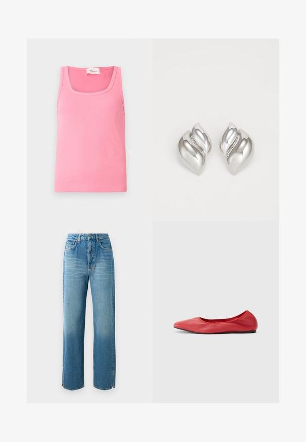 Roze geribbelde tanktop met een ronde halslijn, smalle schouderbandjes en een klein logo in een lichtere tint aan de onderzijde.; Lichtblauwe denim jeans met hoge taille, rechte pijpen en zijsplitten aan de onderkant. Beschikt over een traditionele vijf-pocketontwerp en knoopsluiting.; Filippa K REY FLATS - Ballerina's - bright red; Zilveren oorbellen met een organische, abstracte vorm. Gladde, glanzende oppervlakte met een taps toelopend ontwerp. Beschikken over subtiele rondingen en een centrale lijn detail.