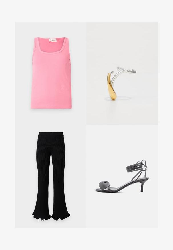 Roze geribbelde tanktop met een ronde halslijn, smalle schouderbandjes en een klein logo in een lichtere tint aan de onderzijde.; Rabanne Broek - black; Grijze leren sandaal met hak, voorzien van een geknoopte band bij de tenen en wikkellinten rond de enkel op een slanke sandaal met een middenhoge hak, tegen een witte achtergrond.; Zilveren en goudkleurige verstelbare ring met een gladde, gebogen vormgeving en een gepolijste afwerking. Bijzonder door de contrasterende metalen kleuren.