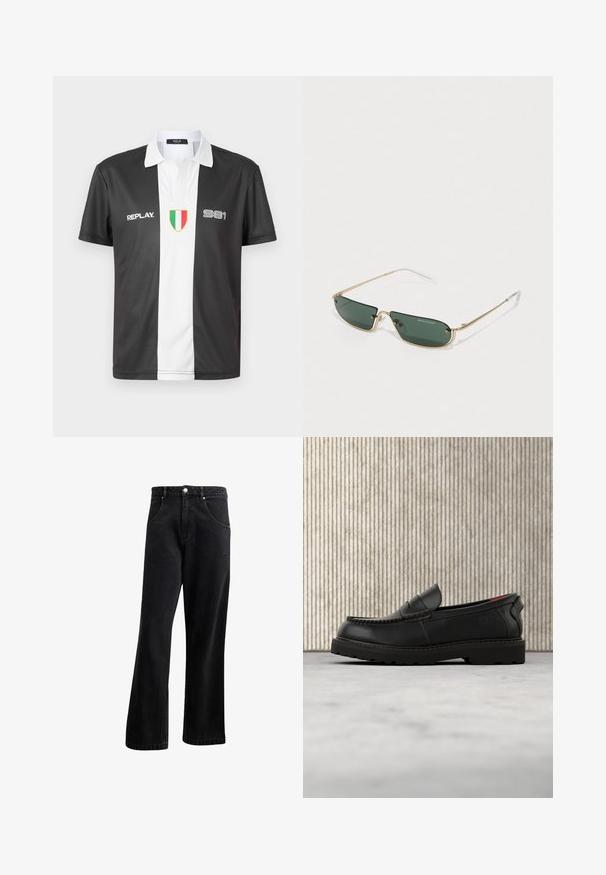 Sort-hvid kortærmet polo skjorte med krave, der har "REPLAY" logo, "981" nummer og italiensk flag emblem på forsiden.; Sorte denim jeans med straight-leg design, der har frontlommer, en knaplukning og en let tekstur. Inkluderer en diskret logo detalje.; Sort læderloafer med robust sål og rødt indvendigt for, placeret i luften over beige tæppe og nær træmøbler.; Rektangulære solbriller med mørkegrønne linser og stel i guldmetal. Har tynde templer med klare accenter og logo på linsen.