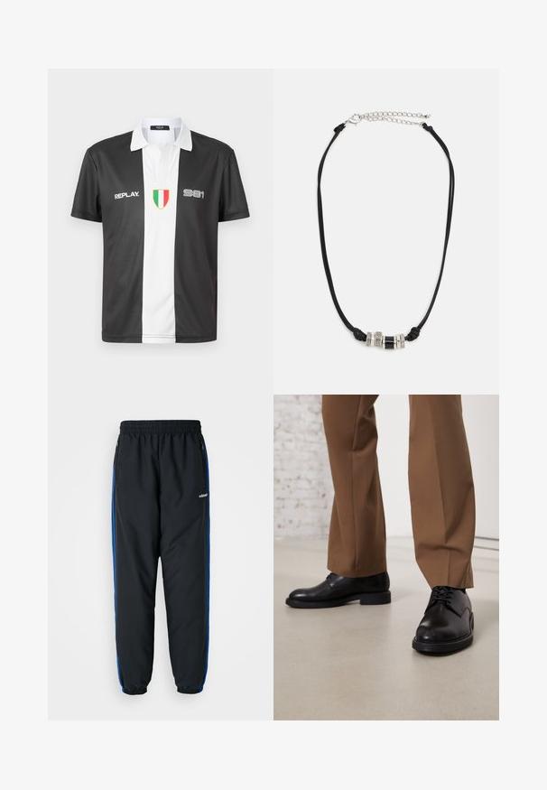 Sort-hvid kortærmet polo skjorte med krave, der har "REPLAY" logo, "981" nummer og italiensk flag emblem på forsiden.; Sorte atletiske bukser med elastisk talje, blå sideløb, lynlåslommer og tætsiddende benafslutninger for en stram pasform. Lavet af let materiale.; Sorte læder sko med glat overflade og rund tå, der har snørebåndslukning og en lav, flad sål. Sammen med brune bukser.; Den sorte snorhalskæde har tre dekorative metalperler, herunder to sølvfarvede, strukturerede ringe og en sort cylindrisk perle, samt en justerbar kæde.