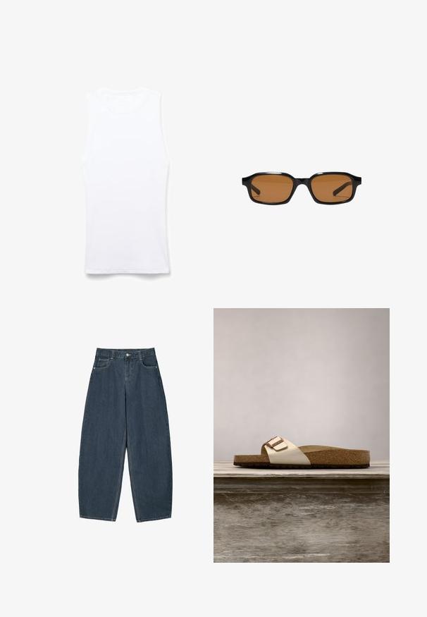 Witte, mouwloze tanktop gemaakt van ribgebreid materiaal. Heeft een ronde halslijn en vlakke naden. Eenvoudig ontwerp, zonder patronen of versieringen.; Donkerblauwe denim wijde broek met hoge taille, voorzien van vijf zakken en zichtbare stikseldetails. Schoon, minimaal ontwerp.; Slide-sandaal met een lichte metallic bovenkant, kurken voetbed en een gestructureerde bruine rubberen zool. Gespdetail met logo-accent.; Zwarte rechthoekige zonnebril met dikke monturen en bruin getinte glazen, getoond van voren op een witte achtergrond.