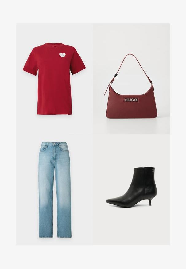 Camiseta roja de manga corta con un pequeño parche blanco en forma de corazón en el lado izquierdo del pecho que muestra la palabra "Hugo".; Vaqueros de mezclilla azul claro de tiro alto y pierna recta con botón y cremallera delanteros, bolsillos delanteros y traseros, exhibidos sobre un fondo blanco.; Botín de piel negra con puntera puntiaguda y tacón bajo estilo kitten sobre fondo claro, mostrando vista lateral exterior.; Pequeño bolso rectangular de cuero burdeos con correa ajustable y placa de logotipo plateada "HUGO" en la parte frontal.