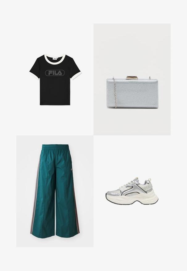 Musta lyhythihainen T-paita, jossa valkoinen reunus kauluksessa ja hihoissa, keskellä rintaa musta FILA-logo.; Teal leveled trousers with an elastic waistband, featuring pink and white striped accents on the sides, made from lightweight fabric.; Hopean- ja valkoisen chunky-tyylisen lenkkarin mesh- ja nahkasisustuksilla, paksu valkoinen pohja ja "BUFFALO"-brändäys kantapään hihnassa.; Suuri hopeinen clutch, joka on valmistettu teksturoidusta metallic-kankaasta. Sisältää lukitusmekanismin ja irrotettavan ketjukahvan kantamista varten.