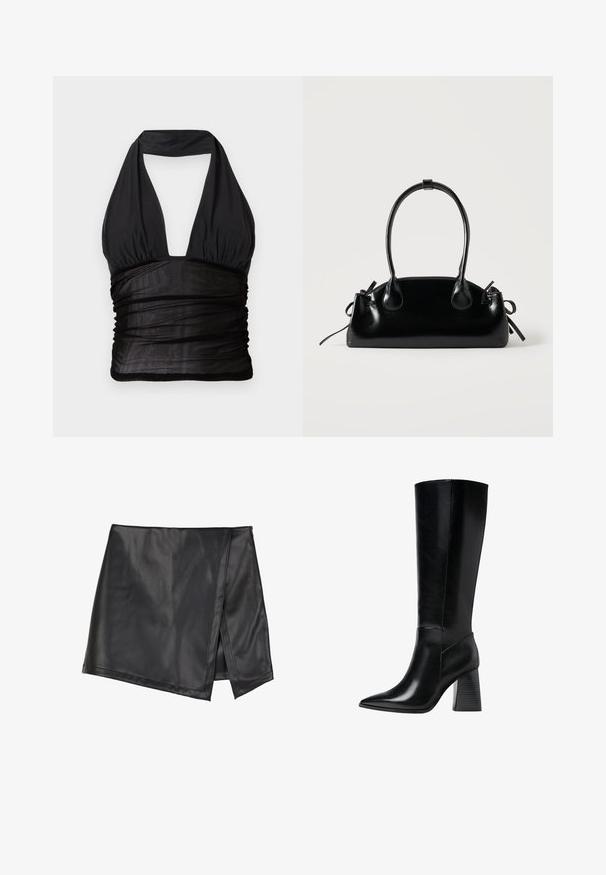 Haut à halter noir avec un décolleté en V profond, texture froncée à la taille et tissu lisse. Présente une sangle autour du cou et aucun système de fermeture visible.; Even&Odd by Zalando Minijupe - black; Bottes en cuir noir arrivant au genou, avec un bout pointu, une texture lisse et un talon épais et cranté pour la stabilité. Design élégant avec des accents minimalistes.; Petit sac à main noir brillant avec deux longues anses et des détails à cordon sur les côtés sur un fond clair uni.