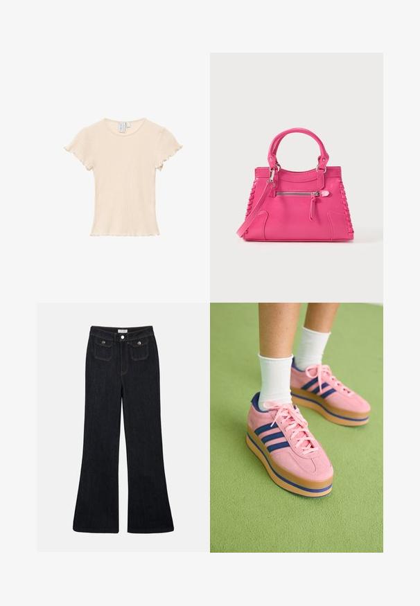 Haut beige à manches courtes côtelées avec encolure ronde et bords froncés aux manches et à l'ourlet, posé à plat sur un fond blanc.; Jeans en denim foncé évasés avec une taille haute, deux poches avant et des coutures orange. Le matériau semble robuste et lisse.; Baskets plateforme en suède rose avec des rayures bleues et des lacets rose. Semelle épaisse beige avec un accent bleu. Portées avec des chaussettes blanches jusqu'à la cheville sur une surface verte.; Sac à main en cuir rose avec deux poignées, laçage décoratif sur les côtés et une poche zippée à l'avant. Texture lisse, forme structurée.